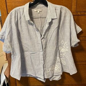 Madewell Seersucker Cropped Blouse w/ Embroidery
